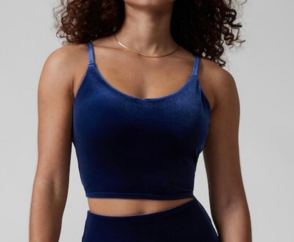 Athleta Blue Velvet Cropped Elation V-Neck Spaghetti Strap Tank Top Size XL